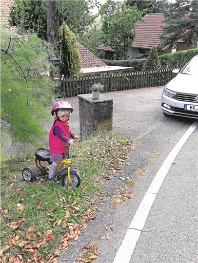 Die Puppe mit Dreirad steht auf einem Privatgrundstück, ist immer der Jahreszeit angepasst angezogen und soll dafür sorgen, dass Autofahrer ihre Geschwindigkeit auf diesem Straßenabschnitt in Großerlach verringern. Foto: F. Thellmann