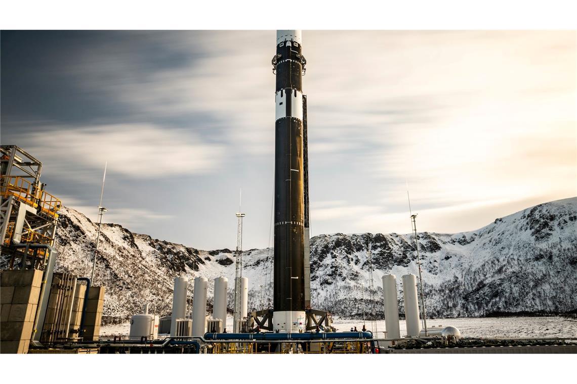 Countdown zum Testflug für deutsche Rakete abgebrochen Die Rakete von Isar Aerospace auf dem Startplatz in Norwegen. (Handout)