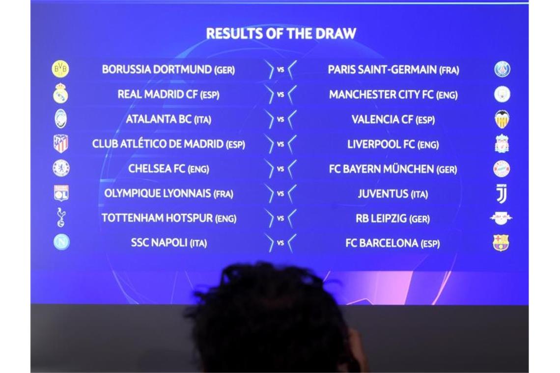 BVB gegen PSG - Bayern gegen Chelsea - Leipzig gegen Spurs Die Resultate der Auslosung auf einer Monitorwand in Nyon. Foto: Laurent Gillieron/KEYSTONE/dpa