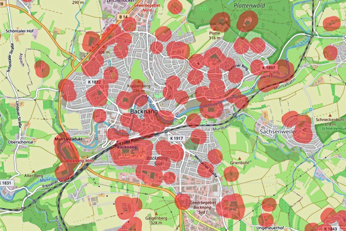 Die Bubatzkarte zeigt, wo das Kiffen erlaubt ist Die roten Flecken visualisieren, wo Cannabis verboten sein kann. Foto: Bubatzkarte/OpenStreetMap