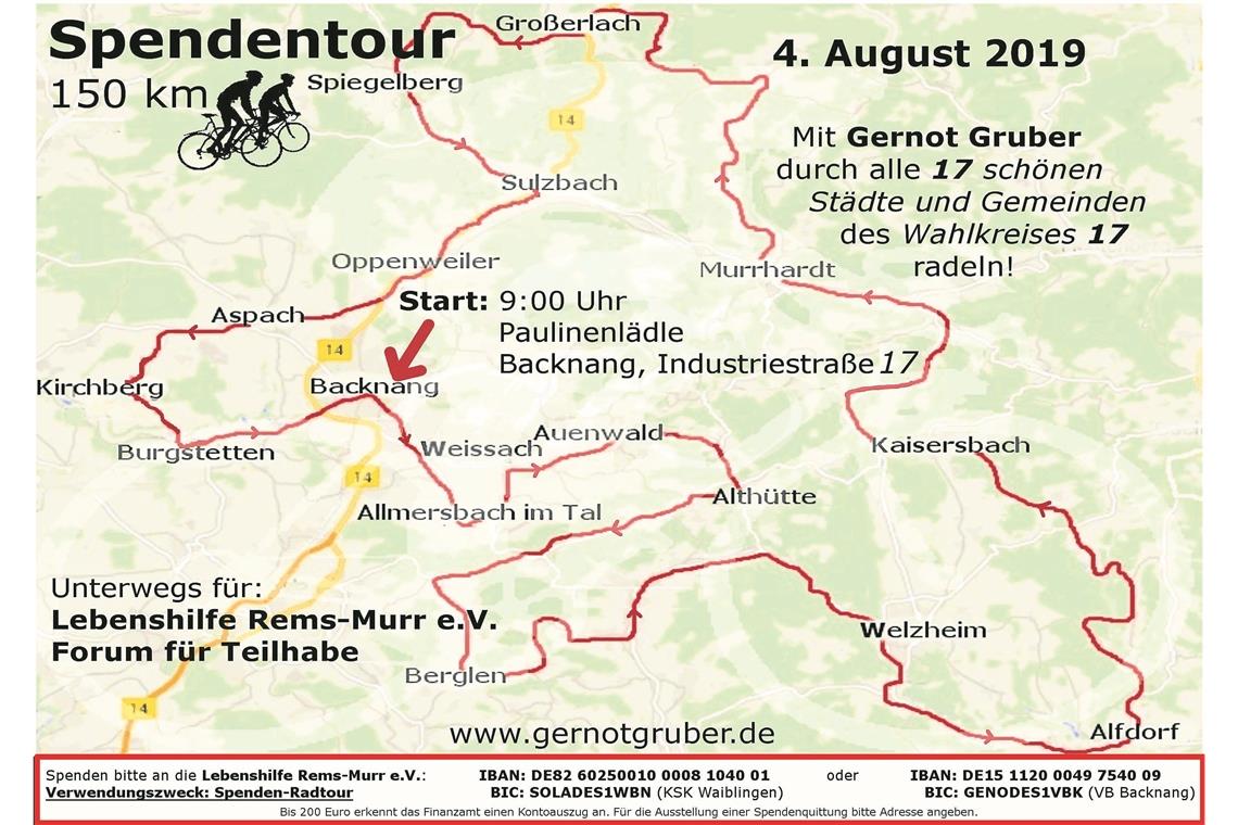 Die Route der Spenden-Radtour führt auf einem Rundkurs durch den Landtagswahlkreis.