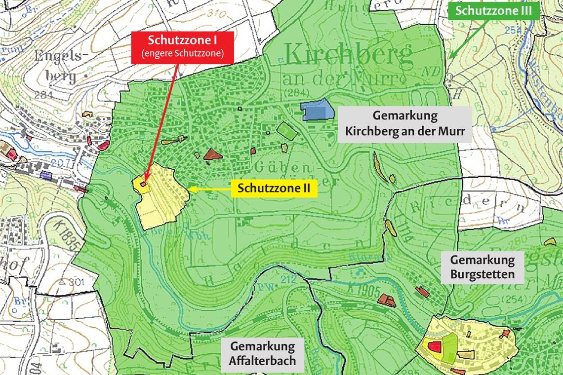 Verhalten dreier Räte auf dem Prüfstand Die Schutzzone III umfasst den weitaus größten Teil der Fläche von Kirchberg an der Murr. Quelle: Landratsamt Rems-Murr/Grafik: BKZ