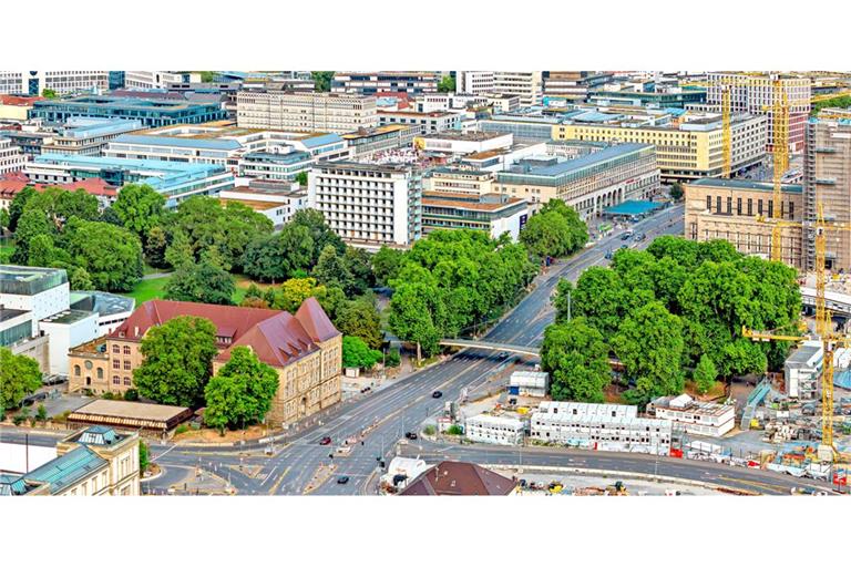Die sechsspurige Schneise der Schillerstraße vom Gebhard-Müller-Platz entlang des Hauptbahnhofs soll wegfallen, der Arnulf-Klett-Platz  autofrei werden.
