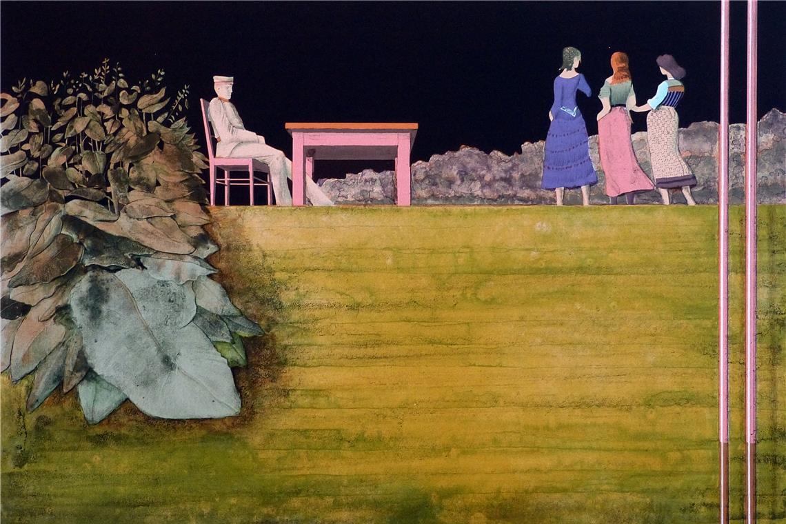Künstler aus dem Umkreis zweier Akademien Die Serigrafie von Moritz Baumgartl zeigt drei Grazien und einen Uniformierten bei Nacht. Baumgartl studierte an der Stuttgarter Akademie, von 1976 bis 2000 unterrichtete er dort selbst. Fotos: P. Wolf