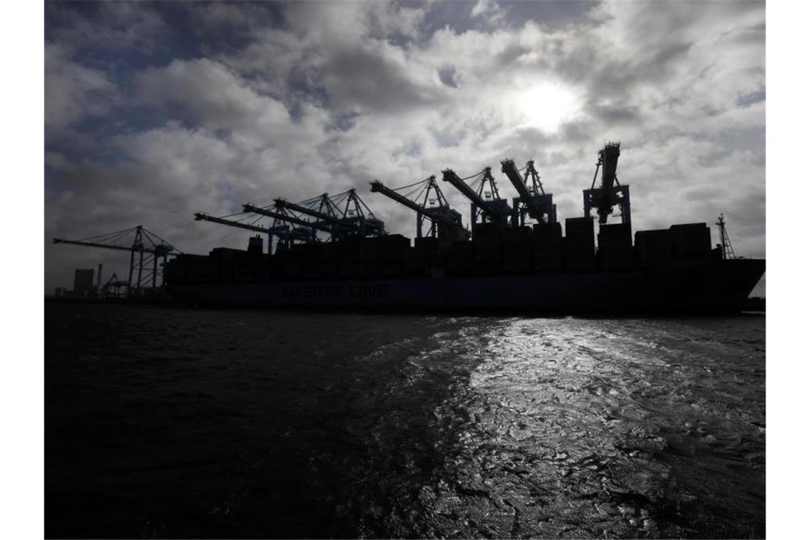 Die Silhouette eines Containerschiffes zeichnet sich im Hafen von Rotterdam gegen die Sonne ab. Hier haben Zöllner 2020 rund 40 Tonnen Kokain sichergestellt. (Archivbild). Foto: Peter Dejong/AP/dpa