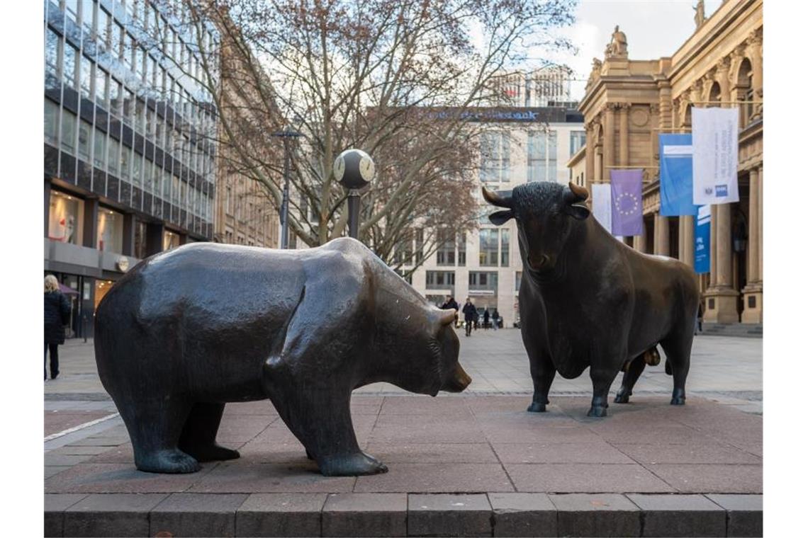 Die Skulpturengruppe "Bulle und Bär" vor der Frankfurter Börse. Foto: Silas Stein/dpa