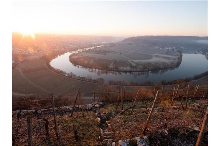Die Sonne geht in der Nähe der Mundelsheimer Neckarschleife auf. Foto: Sebastian Gollnow/dpa/Archivbild