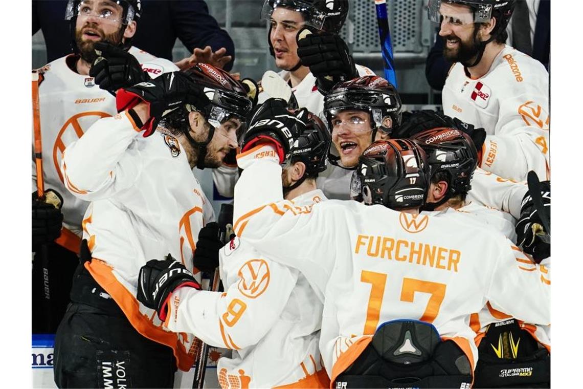 Unerwartete Titel-Chance für Eisbären und Grizzlys Die Spieler der Grizzlys Wolfsburg feiern einen Treffer gegen Adler Mannheim. Foto: Uwe Anspach/dpa