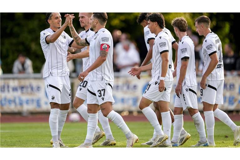 Die Spieler des SV Sandhausen bejubeln das Weiterkommen im badischen Pokal.    
Foto: Imago/Eibner