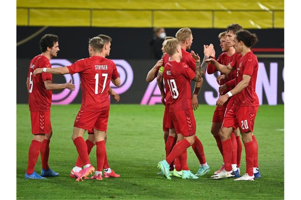 Die Spieler von Dänemark haben das 1:1 erzielt. Foto: Federico Gambarini/dpa