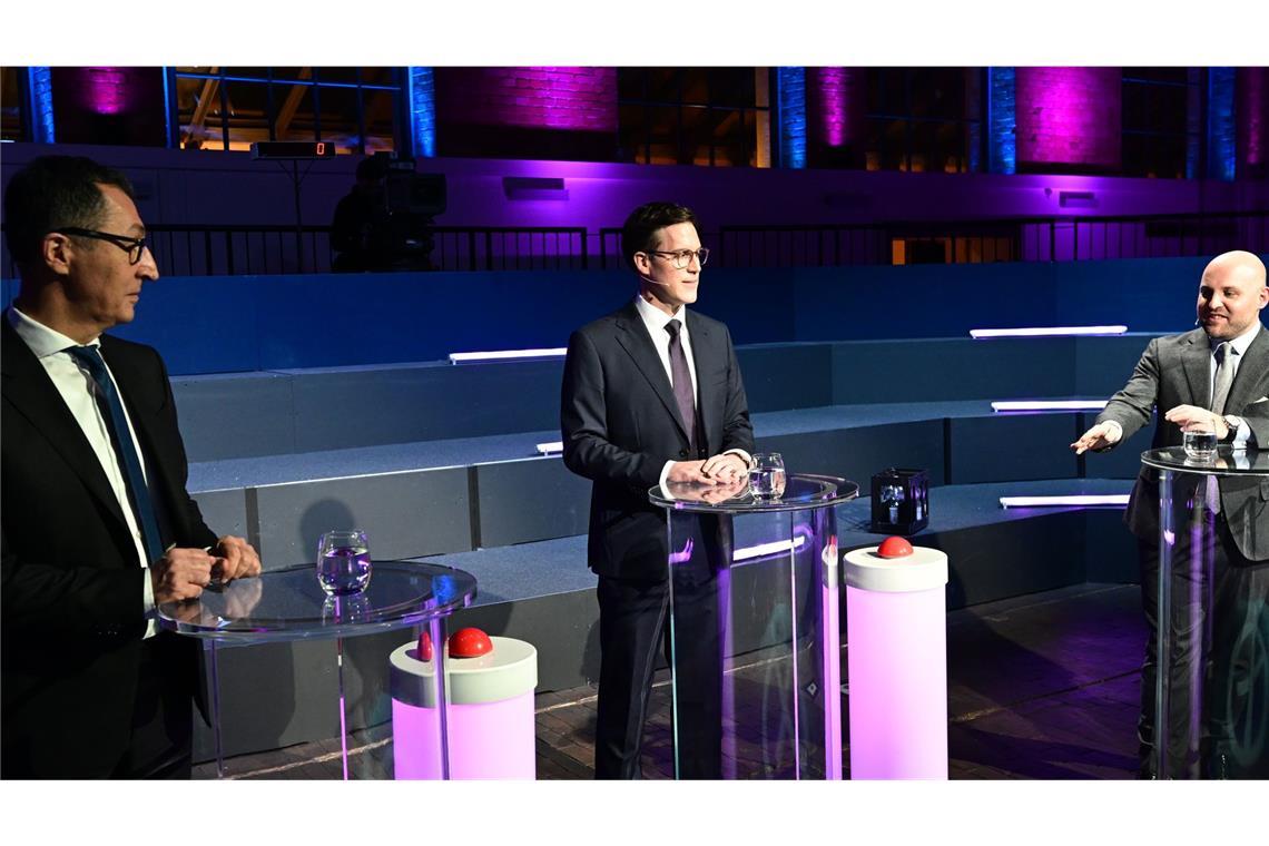 Die Spitzenkandidaten zur Landtagswahl, Cem Özdemir (Grüne, l-r), Manuel Hagel (CDU) und Markus Frohnmaier (AfD)
