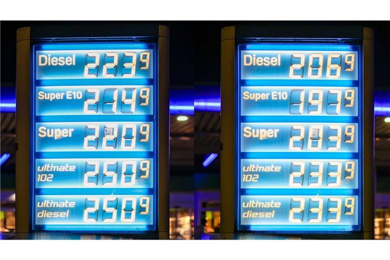 Die Spritpreise an einer Tankstelle in Flensburg vor Mitternacht (links) und am frühen Morgen des 1. Mai.