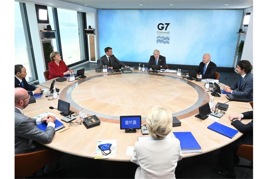 Die Staats- und Regierungschefs der G7-Länder sowie die Spitzen der EU beraten drei Tage lang im südwestenglischen Cornwall. Foto: Leon Neal/Getty Images POOL/AP/dpa