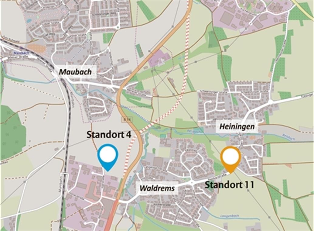 Bürgerinitiative auf verlorenem Posten Die Standortfrage ist entschieden: Das neue Feuerwehrhaus wird am Standort 11 zwischen Waldrems und Heiningen gebaut und nicht am Standort 4 im Gewerbegebiet. Karte: BKZ
