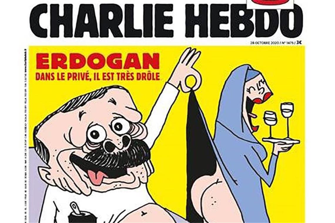 „Charlie Hebdo“: Weiterer Keil zwischen Erdogan und Macron Die Titelseite des französischen Satiremagazins „Charlie Hebdo“ vom 27. Oktober mit einer Karikatur des türkischen Präsidenten Recep Tayyip Erdogan. Foto: -/Charlie Hebdo/Majorelle PR & Events/dpa