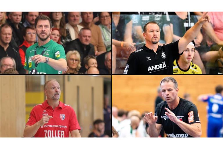 Die Trainer der vier württembergischen Handball-Bundesligisten: Ben Matschke (o. li., Frisch Auf Göppingen),&nbsp; Misha Kaufmann (o. re., TVB Stuttgart), Hartmut Mayerhoffer (u. li., SG BBM Bietigheim), Matthias Flohr (u. re., HBW Balingen-Weilstetten).