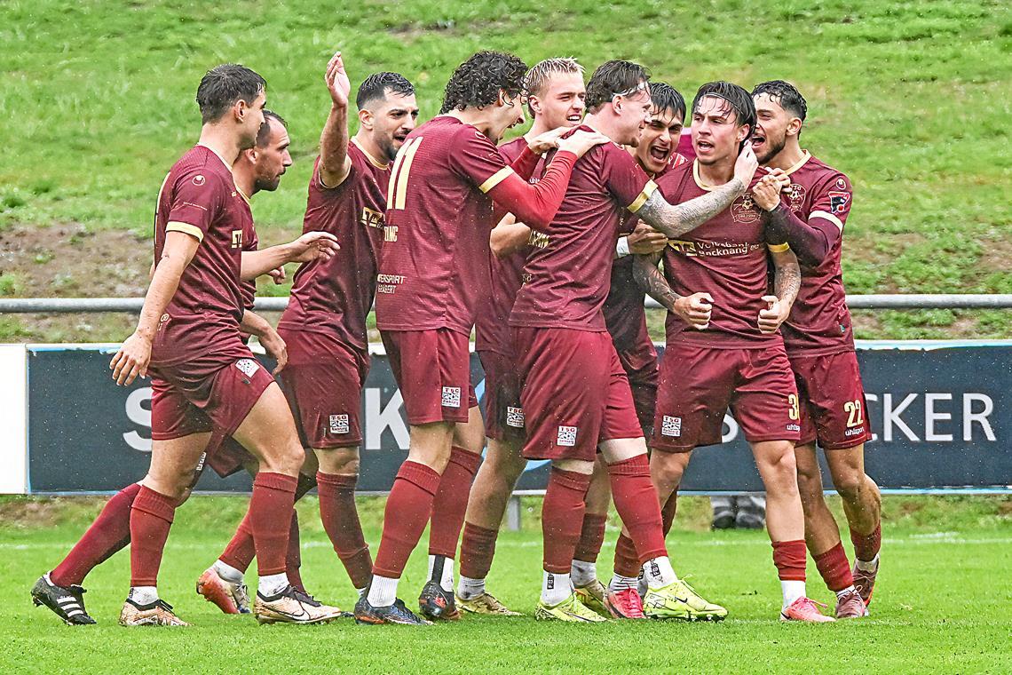 Die TSG-Fußballer bilden derzeit eine schlagkräftige Einheit und bejubeln den Heimsieg gegen die Young Boys Reutlingen. Foto: Tobias Sellmaier