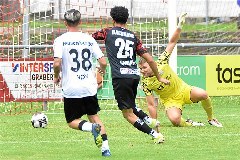 Die TSG um den neuen Torwart Marcel Schleicher und Yasin Raouafi (Mitte) kassiert gegen die Kickers fünf Treffer. Das 1:0 für Stuttgart erzielt Christian Mauersberger. Foto: Tobias Sellmaier