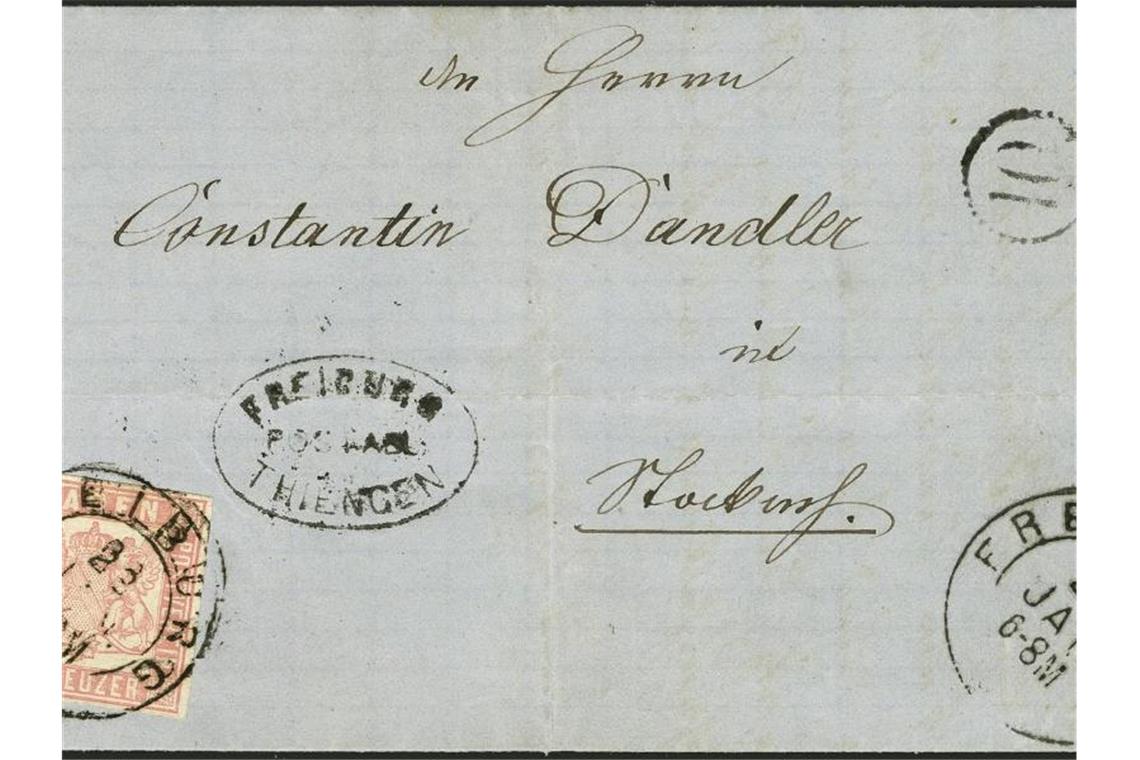 Die versehentlich ungezähnte Briefmarke mit dem Namen „Stockach Provisorium“. Foto: Heinrich Köhler/Auktionshaus Köhler/dpa/Archivbild
