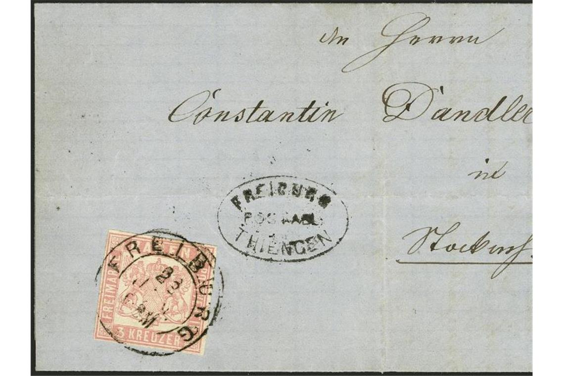 Die versehentlich ungezähnte Briefmarke mit dem Namen „Stockach Provisorium“ aus dem Jahr 1867. Foto: Heinrich Köhler/Auktionshaus Köhler/dpa/Archivbild