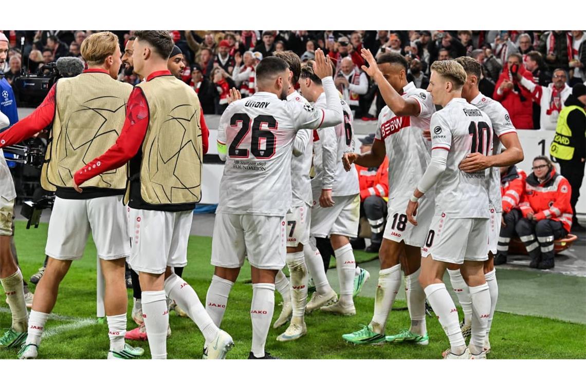 Die VfB-Profis bejubeln den Treffer.