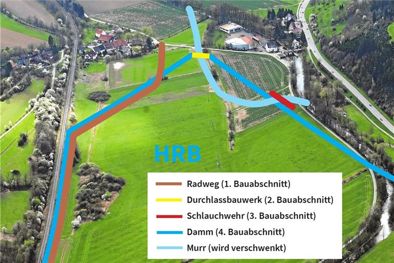 Die vier Bauabschnitte des Rückhaltebeckens Oppenweiler werden zum Teil parallel gebaut. Es soll 2026 fertig sein.Foto: Werner Kuhnle/BKZ