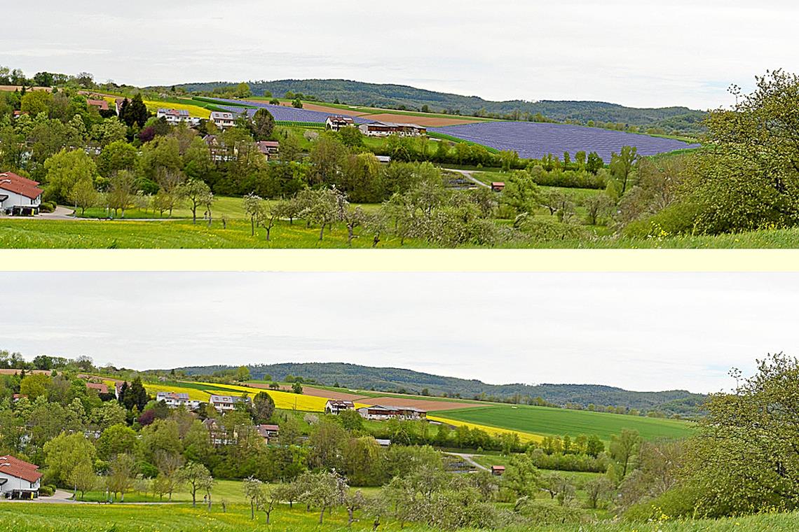 Die Visualisierung oben zeigt, wie der Solarpark aussehen könnte (Südansicht). Unten zu sehen ist der Status quo. Fotos: Juwi AG, Montage: S. Horn