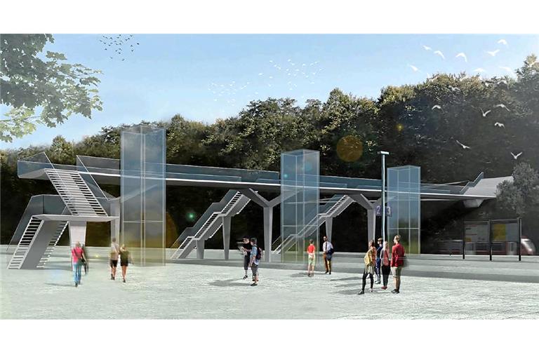 Die Visualisierung zeigt, wie der Steg am Bahnhof mit drei Aufzügen aussehen könnte. Der Höhenunterschied am Ende wird mit einer Treppe und einer Rampe überwunden. Visualisierung: Büro SBP