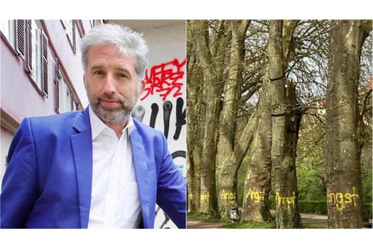 Die vollgesprühten Bäume in der Platanenallee haben für einen Tübinger Rentner das Fass zum Überlaufen gebracht. Deshalb stellt er 5000 Euro für Palmers Kampf gegen illegale Graffitis zur Verfügung.