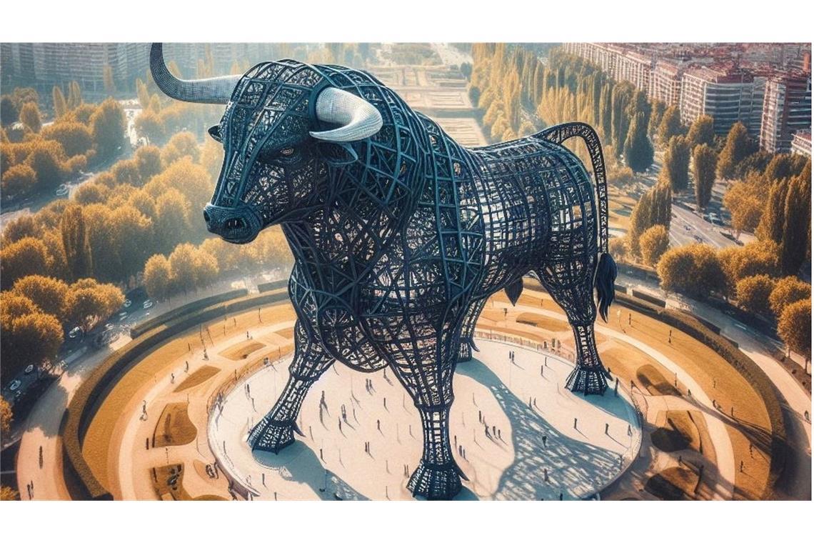 Spaniens Riesenstier und andere Kolosallstatuen Die von der Academia de Tauromaquia (Spanische Akademie für Stierkampf) zur Verfügung gestellte undatierte Visualisierung zeigt eine geplante Stierskulptur aus Metall. Spanien plant ein Bauwerk von gigantischem Ausmaß: Eine 300 Meter hohe Stierskulptur aus Metall soll entstehen - genau so hoch wie der Eiffelturm in Paris.