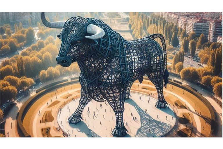 Die von der Academia de Tauromaquia (Spanische Akademie für Stierkampf) zur Verfügung gestellte undatierte Visualisierung zeigt eine geplante Stierskulptur aus Metall. Spanien plant ein Bauwerk von gigantischem Ausmaß: Eine 300 Meter hohe Stierskulptur aus Metall soll entstehen - genau so hoch wie der Eiffelturm in Paris.