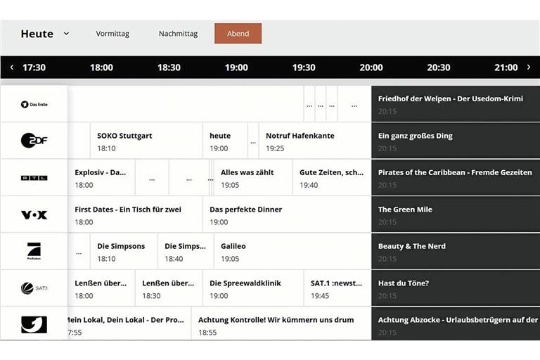 Die Zeitleiste gibt einen Überblick über die Programme der wichtigsten Sender. Screenshot
