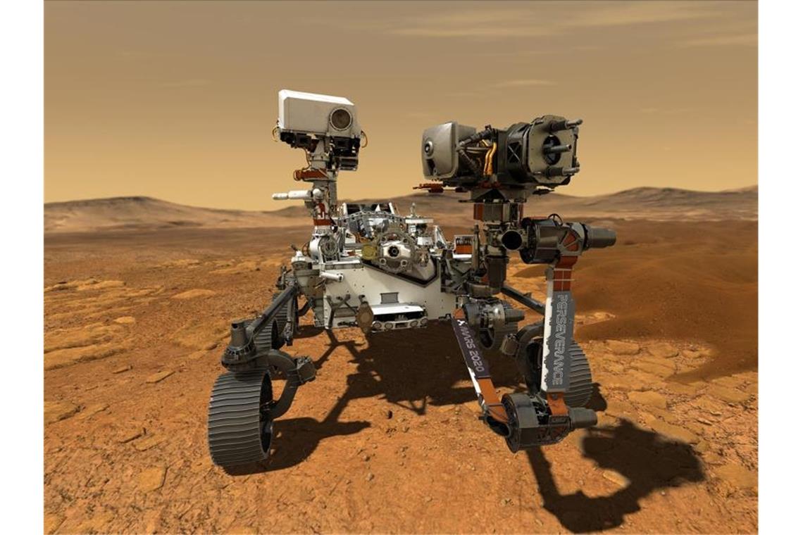 Diese Abbildung zeigt den NASA-Rover „Perseverance“, der auf der Marsoberfläche im Einsatz ist. Foto: NASA/JPL-Caltech/dpa