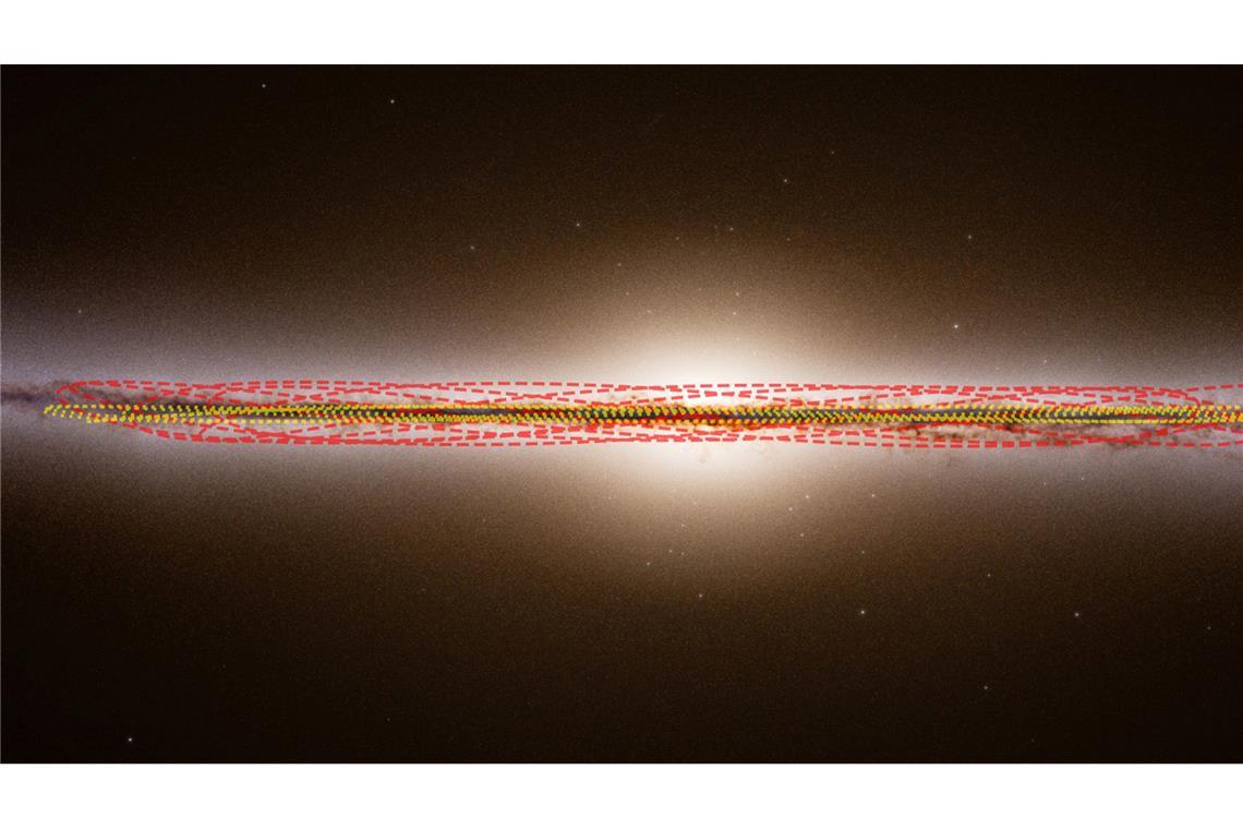 Interstellares Objekt könnte ältester gesichteter Komet sein Diese Illustration zeigt eine Seitenansicht der Milchstraße und die geschätzten Umlaufbahnen unserer Sonne und des Kometen 3I/ATLAS. Der Komet ist mit roten gestrichelten Linien, die Sonne mit gelben gepunkteten Linien dargestellt.