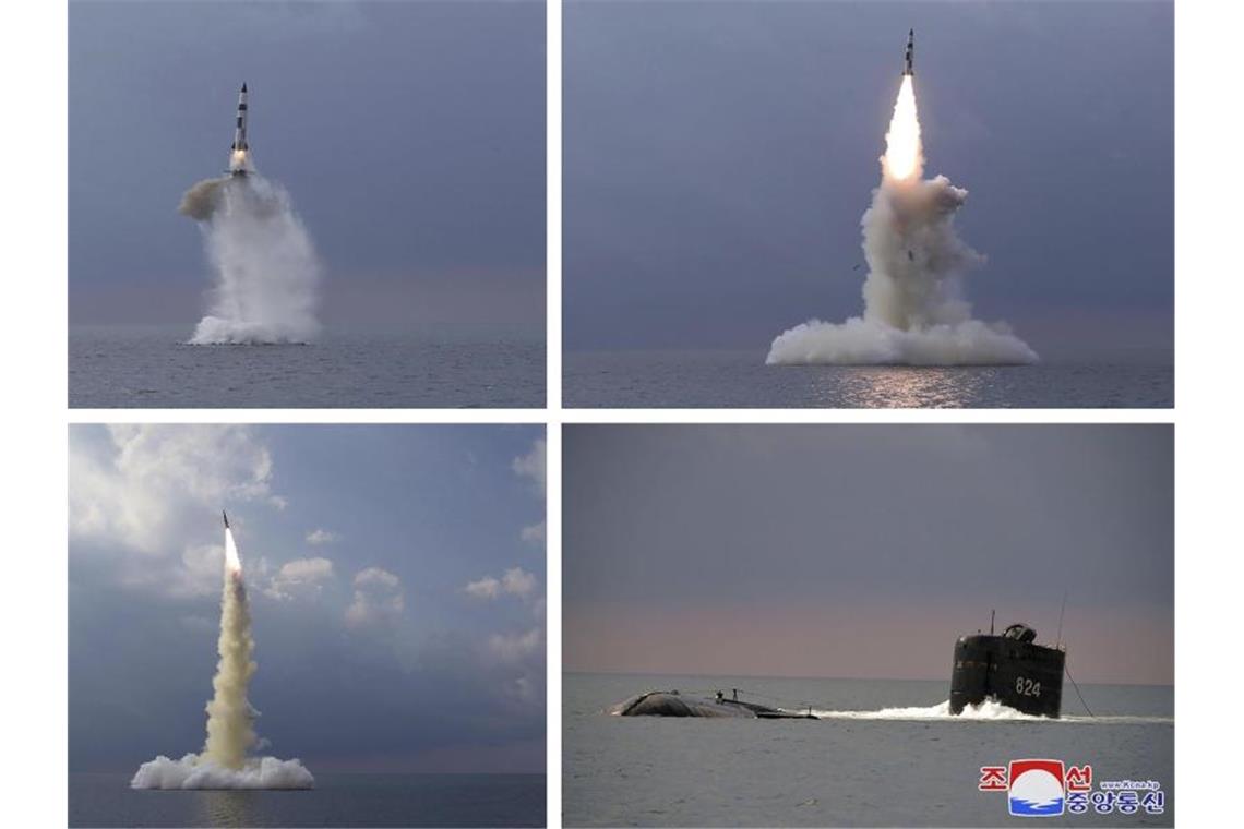 Europäer in UN-Rat verurteilen Nordkorea nach Raketentest Diese Kombination von vier Fotos, die von der nordkoreanischen Regierung zur Verfügung gestellt wurden, zeigt eine ballistische Rakete, die in Nordkorea von einem U-Boot aus gestartet wurde. Foto: ---/KCNA via KNS via AP /dpa