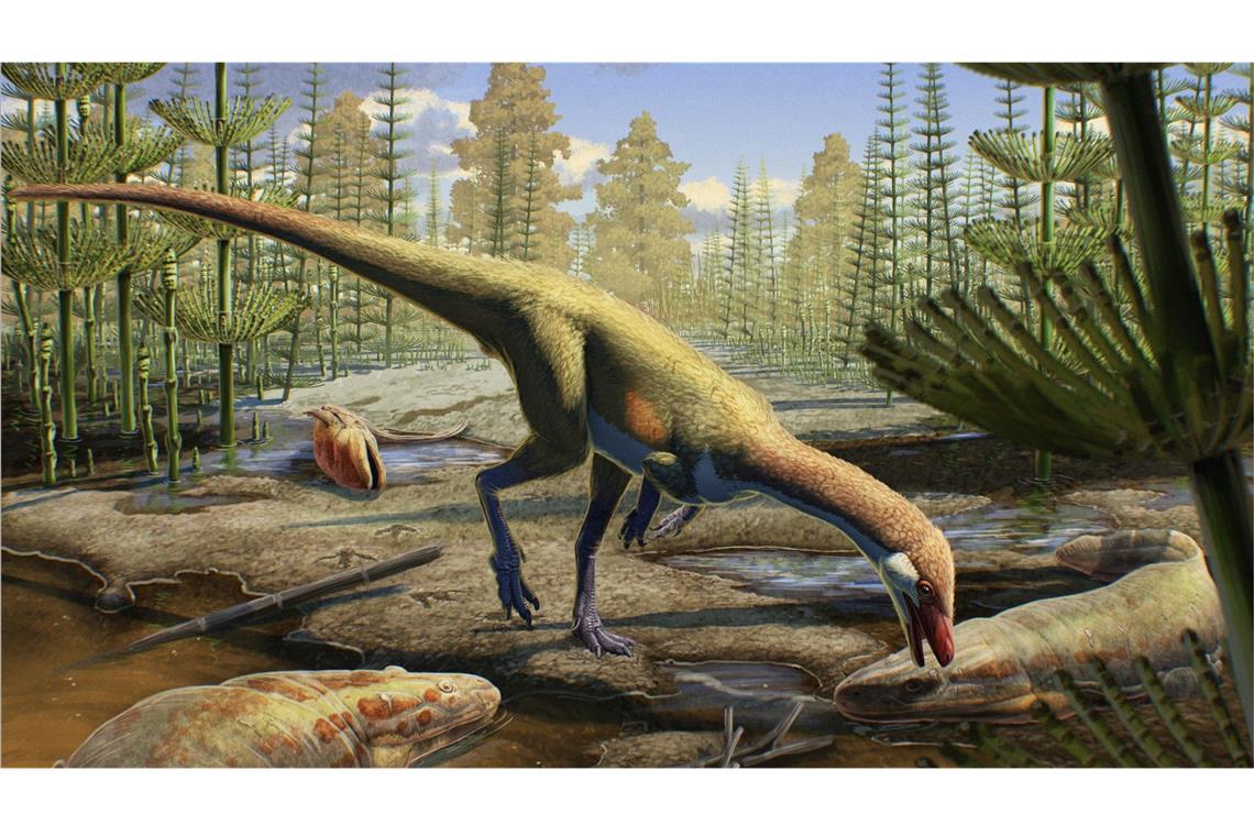 Muss die Geschichte der Dinosaurier neu geschrieben werden? Diese künstlerische Darstellung zeigt, wie die Dinosaurier-Art Ahvaytum bahndooiveche vor etwa 230 Millionen Jahren ausgesehen haben könnte.