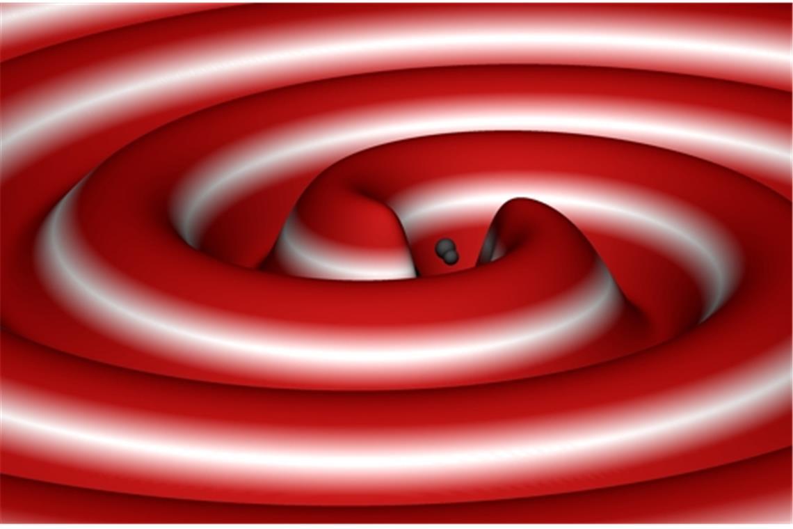 Diese Simulation  zeigt  dreidimensional, wie zwei Schwarze Löcher unter Abstrahlung von Gravitationswellen verschmelzen.
