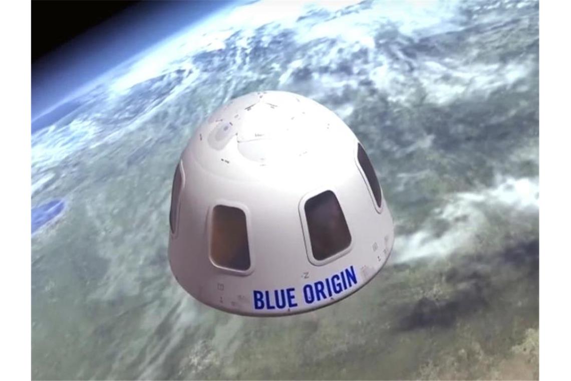 Diese undatierte Illustration von Blue Origin zeigt die Kapsel, mit der die Firma Touristen ins All bringen will. Ein Sitzplatz für den ersten bemannten Weltraumflug ist für 28 Millionen US-Dollar versteigert worden. Foto: Uncredited/Blue Origin/AP/dpa