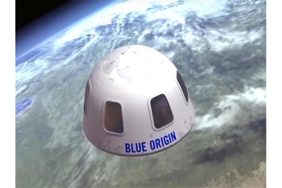 Ticket ins All für 28 Millionen Dollar versteigert Diese undatierte Illustration von Blue Origin zeigt die Kapsel, mit der die Firma Touristen ins All bringen will. Ein Sitzplatz für den ersten bemannten Weltraumflug ist für 28 Millionen US-Dollar versteigert worden. Foto: Uncredited/Blue Origin/AP/dpa