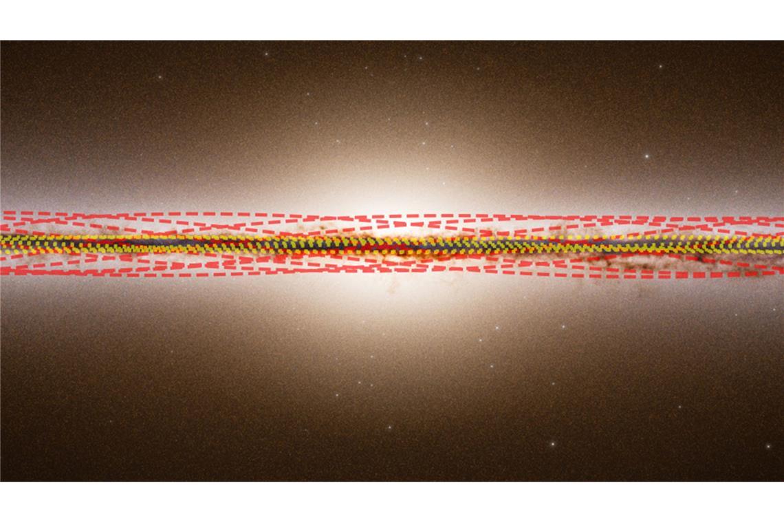 Interstellares Objekt könnte ältester bekannter Komet sein Diese vom Ōtautahi-Oxford Team zur Verfügung gestellte Illustration zeigt eine Seitenansicht der Milchstraße und die geschätzten Umlaufbahnen unserer Sonne und des Kometen 3I/ATLAS. 3I/ATLAS ist mit roten gestrichelten Linien, die Sonne mit gelben gepunkteten Linien dargestellt.