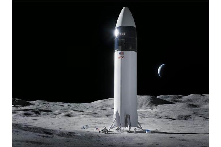 Diese von SpaceX zur Verfügung gestellte Illustration zeigt das Design des SpaceX Starship, das im Rahmen des Artemis-Programms die ersten NASA-Astronauten auf die Mondoberfläche bringen wird. Foto: SpaceX/NASA via AP/dpa