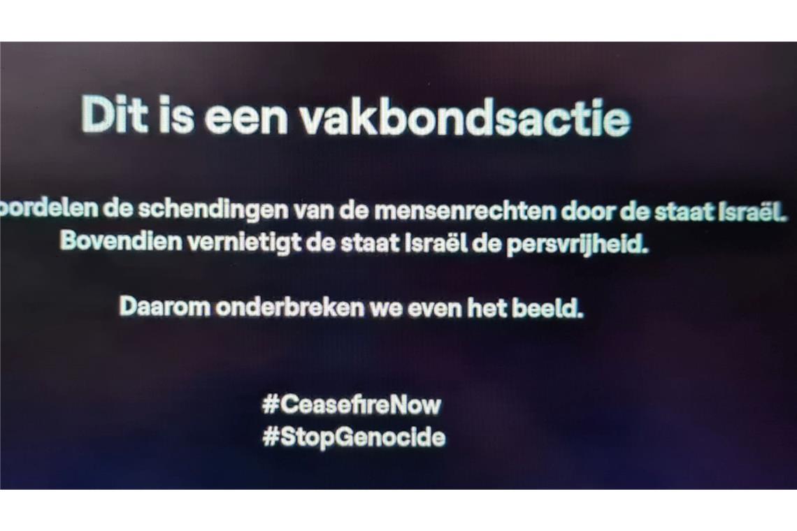 Wegen Israel: Debatte um Publikumsvoting bei ESC Dieses Videostandbild zeigt zu Beginn der Fernsehübertragung des zweiten Halbfinales des Eurovision Song Contest 2024 in Malmö eine Botschaft der Gewerkschaften des flämischen öffentlich-rechtlichen Rundfunks VRT.