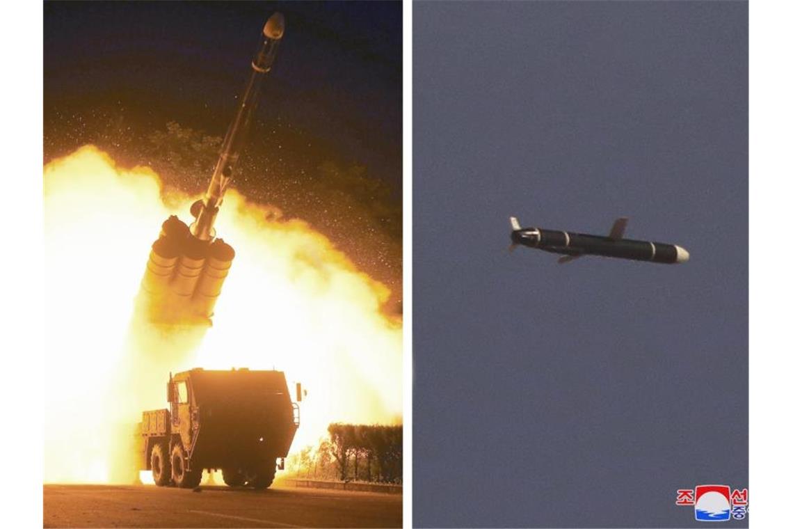Nordkorea testet neuartige Marschflugkörper Dieses von Nordkoreas offizieller Zentraler Nachrichtenagentur (KCNA) veröffentlichte Foto zeigt einen Langstrecken-Marschflugkörper, der von einer Abschussrampe abgefeuert wird. Foto: KCNA/Yonhap/dpa