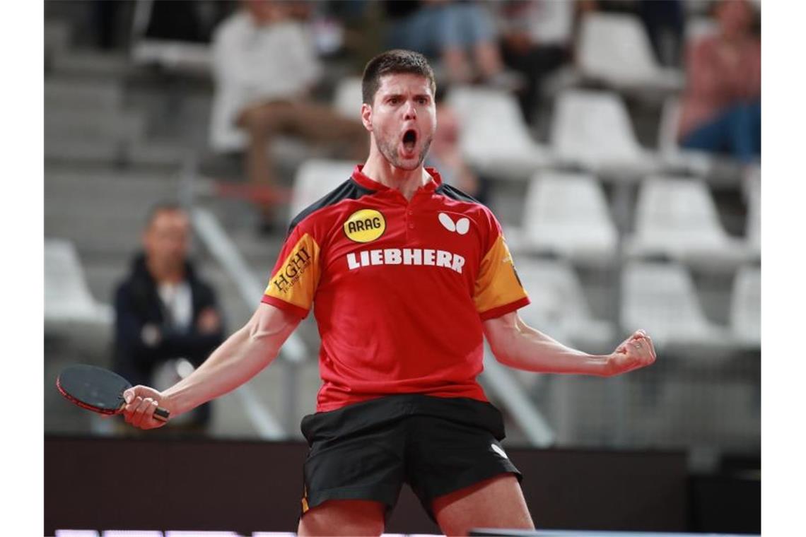 Dimitrij Ovtcharov feiert den Halbfinaleinzug in Nantes. Foto: Remy Gros