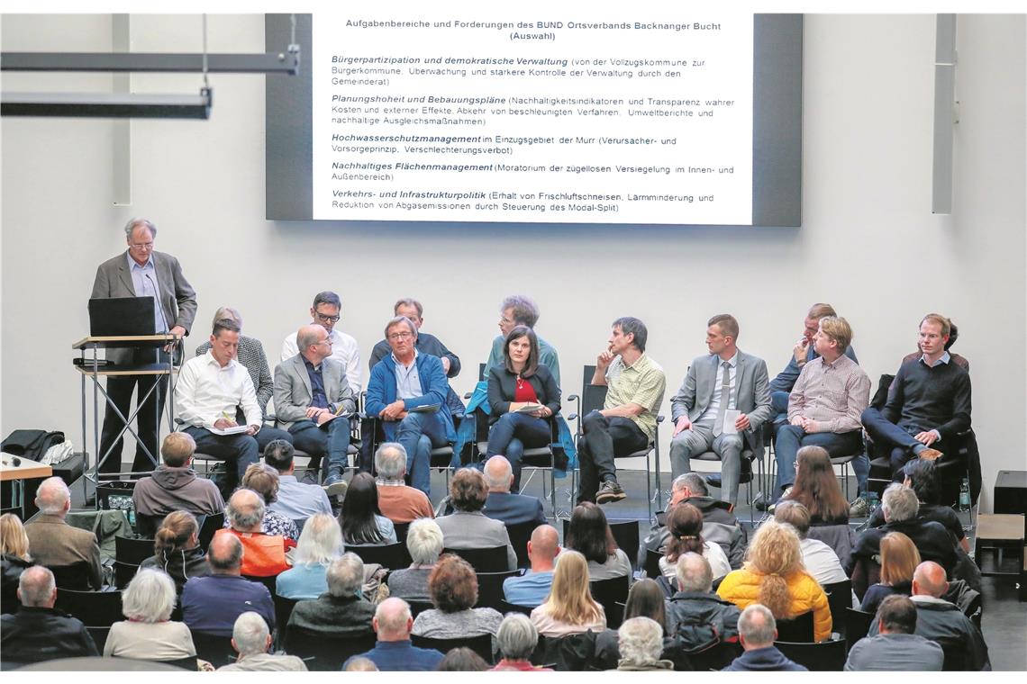 Diskutierten auf dem Podium (von links, erste Reihe): Manuel Zipperer (CDU, dahinter Ute Ulfert), Armin Dobler (SPD), Karl Scheib (BfB), Melanie Lang (Grüne, dahinter Konrad Panzlaff), Christoph Hufen (CIB), Steffen Degler (AfD), Marco Schlich (Demokraten, dahinter Volker Dyken) und Axel Bauer (duhastdiewahl.org). Foto: A. Becher