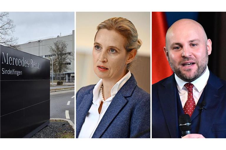 Doch nicht beim Autobauer in Sindelfingen vor Ort: Alice Weidel und Markus Frohnmaier. Das AfD-Duo tauchte allerdings vor dem Mercedes-Werk Untertürkheim auf.