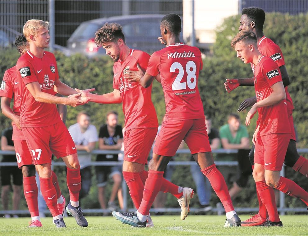 Starke erste Halbzeit reicht der SG aus Dominik Pelivan (Dritter von links) lnahm die Glückwünsche für den 1:0-Führungstreffer der Großaspacher entgegen.Foto: Baumann