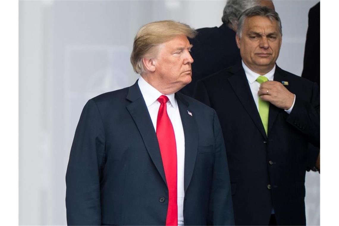 Donald Trump und Viktor Orban stellen sich zu einem Fototermin beim Nato-Gipfel auf. Foto: Bernd von Jutrczenka/Archiv