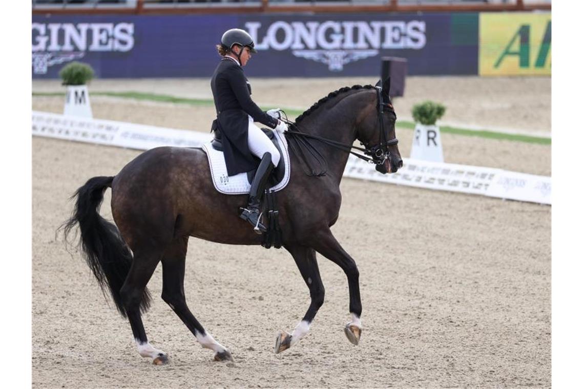 Nur Platz zwei bei Start der Dressur-EM: Gold in Gefahr? Dorothee Schneider auf Showtime FRH beim EM-Auftakt in Hagen. Foto: Friso Gentsch/dpa
