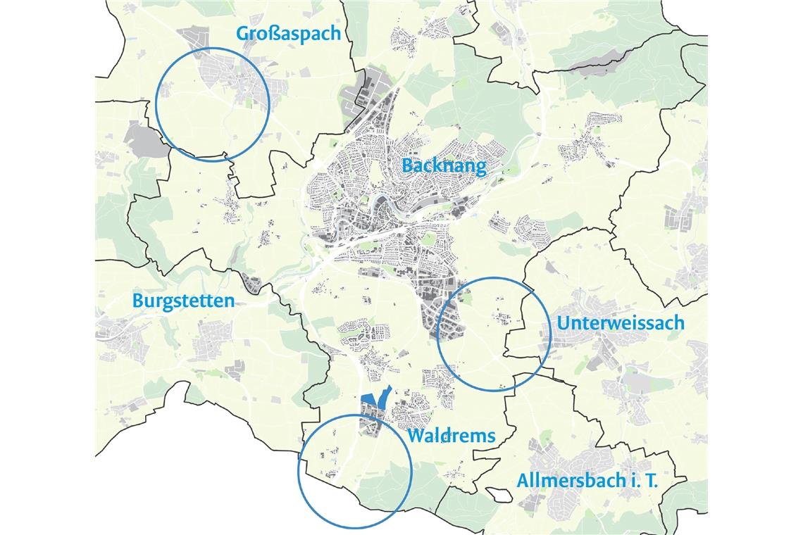 Platz für regionalen Gewerbepark gesucht Drei Standorte für ein interkommunales Gewerbegebiet werden untersucht. Zwei liegen auf Backnanger Gemarkung, einer bei Großaspach.Karte: Stadtplanungsamt/Bearbeitung: BKZ